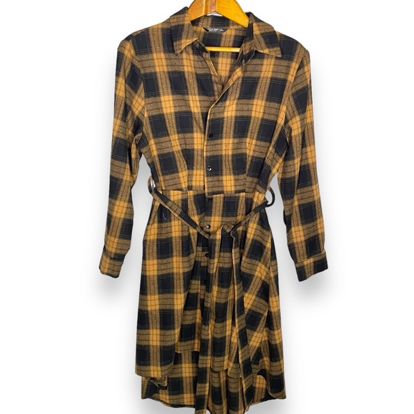 Brown And Black Plaid Tie Waist Shirt Dress 0XL - Picture 1 of 5